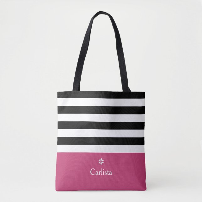 Tote Bag Large Black Horizontal Stripes Dark Rose Nom Faisy (Devant)