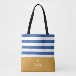 Tote Bag Large Blue Horizontal Stripes Gold Name and Daisy