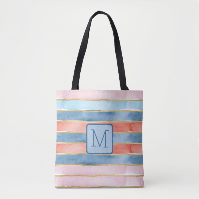 Tote Bag Larges Rayures Aquarelle Bloc de Couleur Monogramm (Devant)