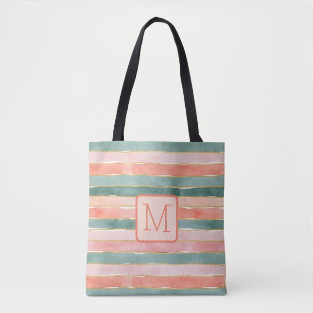 Tote Bag Larges Rayures Aquarelle Bloc de Couleur Monogramm (Devant)