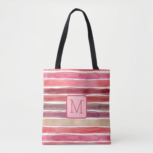 Tote Bag Larges Rayures Aquarelle Bloc de Couleur Monogramm (Devant)