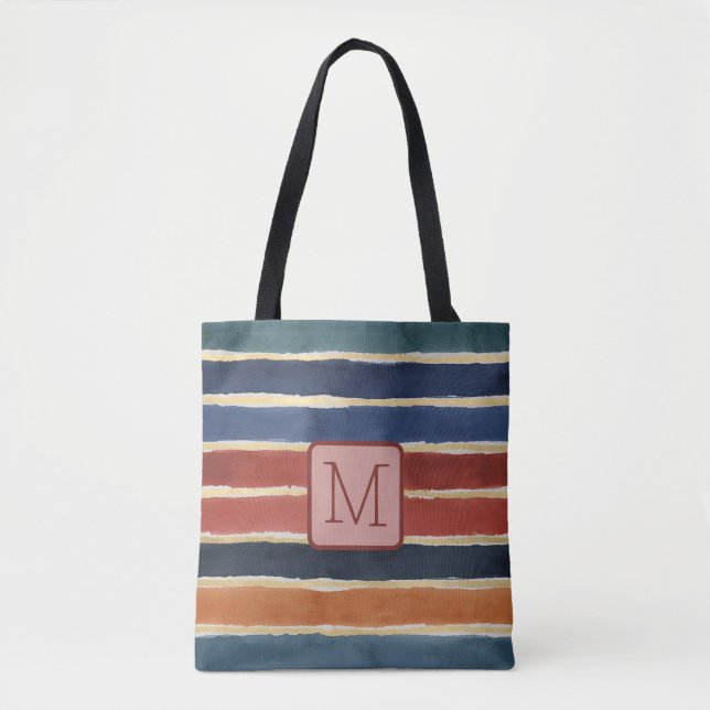 Tote Bag Larges Rayures Aquarelle Bloc de Couleur Monogramm (Devant)