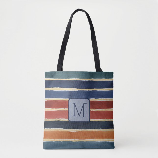 Tote Bag Larges Rayures Aquarelle Monogramme Bloc de Couleu (Devant)