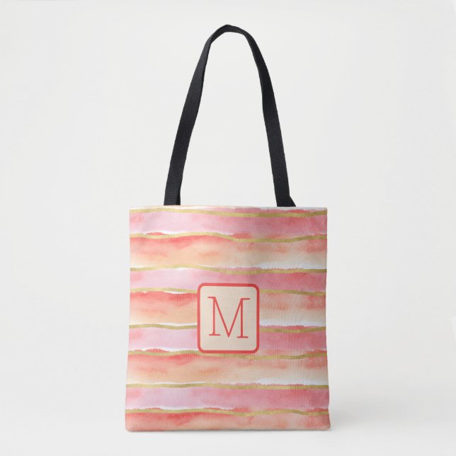 Tote Bag Larges Rayures Bloc de Couleur Monogramme Tangerin (Devant)
