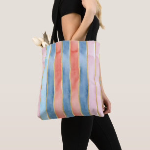 Tote Bag Larges Rayures Verticales Aquarelle Bleu Rose Cora