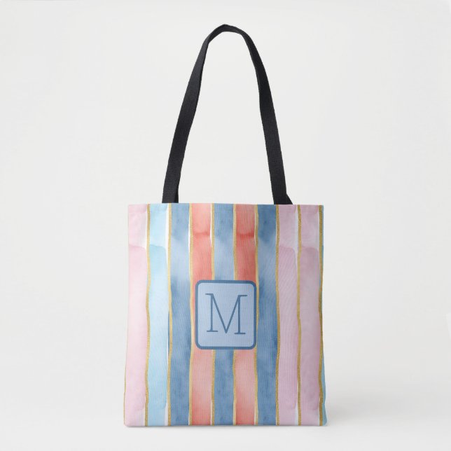 Tote Bag Larges Rayures Verticales Monogramme Bloc de Coule (Devant)