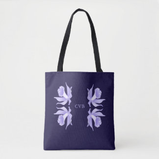 Tote Bag Lavande aux orchidées mauve-clair sur le bleu du