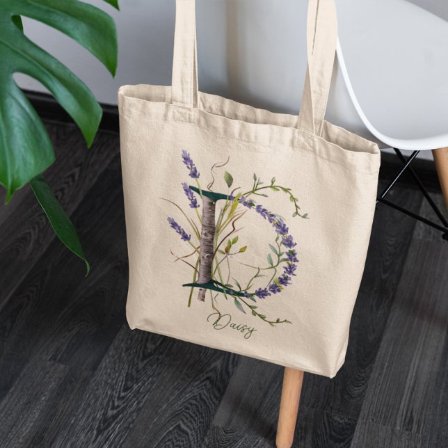 Tote Bag Lavande botanique 'B' Monogramme Nom personnalisé (Créateur téléchargé)