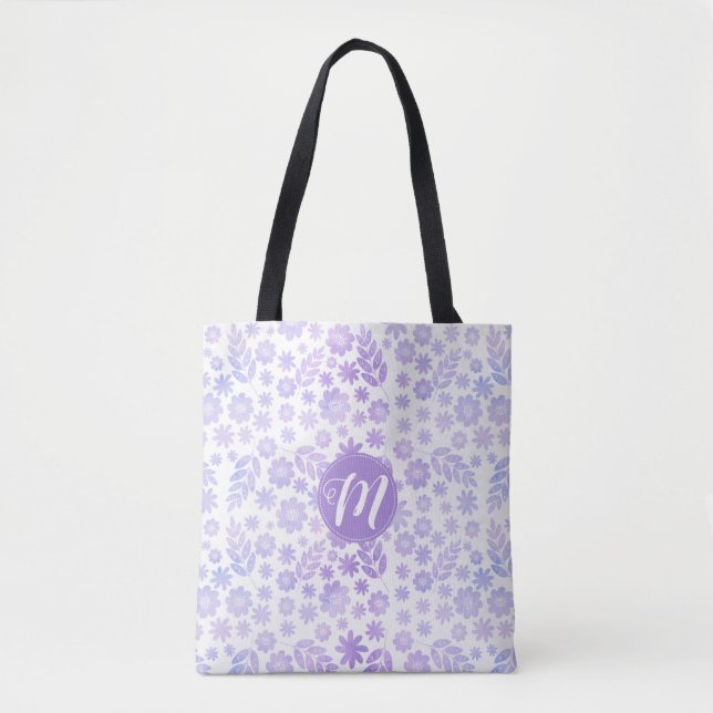 Tote Bag Lavande Dessin à la main Flore et Monogramme (Devant)