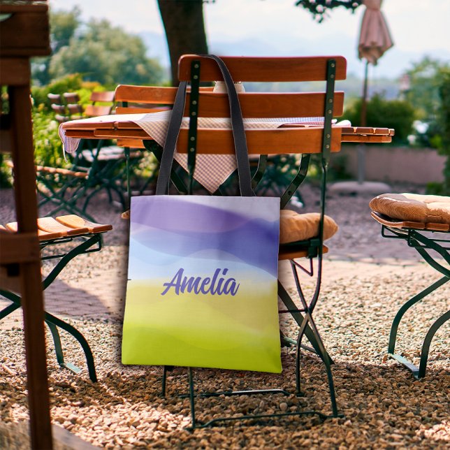 Tote Bag Lavande jaune à vague géométrique avec nom (Créateur téléchargé)
