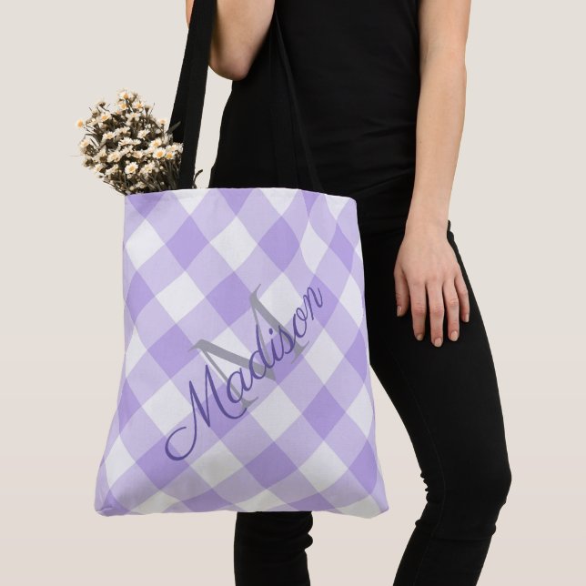 Tote Bag Lavande Plaid Purple mou Fille Nom Monogramme (De près)