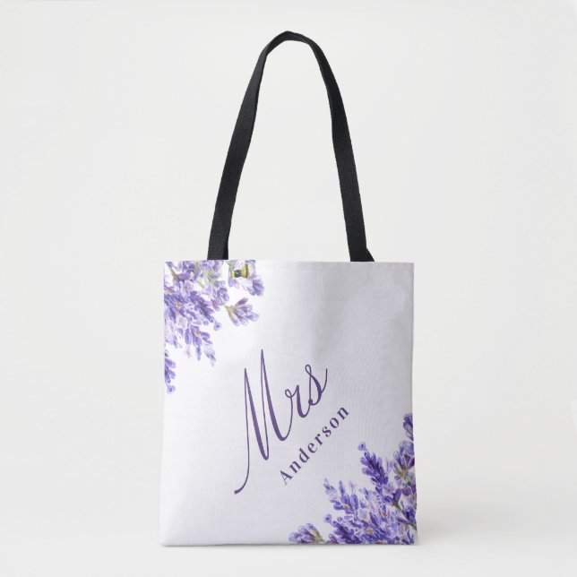 Tote Bag Lavender florales violet script mrs nom mariage (Devant)
