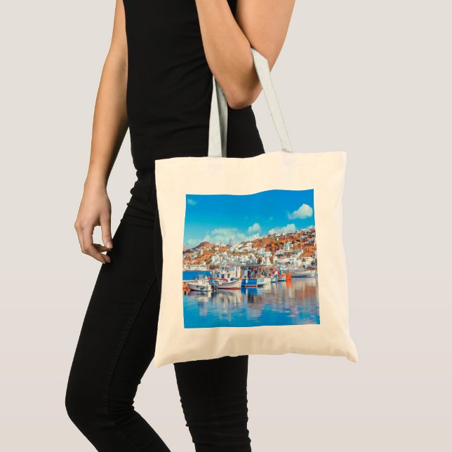 Tote Bag ldp MYKONOS - bateaux de pêche - port - panorama (Devant (produit))
