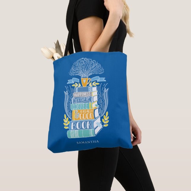 Tote Bag Le bonheur est café et livres - Bright Blue (De près)