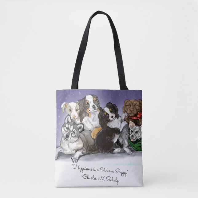 Tote Bag Le bonheur est un Noël chaud aux chiots (Devant)