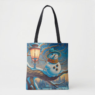 Tote Bag Le bonhomme de neige à côté du lampadaire de Noël
