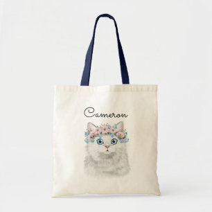 Tote Bag Le chat floral blanc doux ajoutent votre nom