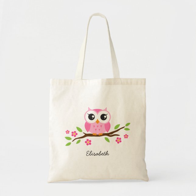 Tote Bag Le hibou rose mignon sur la branche florale a (Devant)