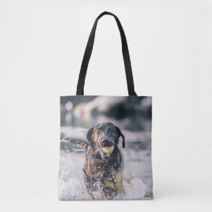 Tote Bag Le Labrador Noir Joue Dans L'Eau