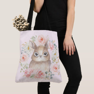 Tote Bag Le lapin mignon/rougissent guirlande florale rose