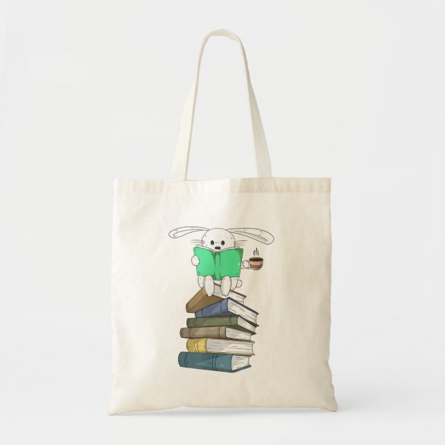 Tote Bag Le lapin sur les livres et le pain de café (Devant)