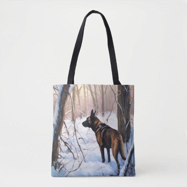 Tote Bag Le Malinois Belge Laisser Neige Noël (Devant)