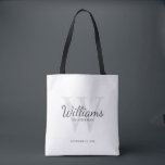 Tote Bag Le nom et le monogramme des développeurs de script<br><div class="desc">Ajoutez une touche personnelle à votre mariage grâce à un sac fourre-tout de toiletteurs personnalisé. Ce sac contient le nom personnalisé du groomsman en style de police de script classique gris avec des détails mariages en style de police serif classique gris et monogramme en style de police serif classique gris...</div>