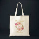 Tote Bag Le rose floral rougissent demoiselle d'honneur de<br><div class="desc">Le rose d'aquarelle rougissent sac fourre-tout floral à demoiselle d'honneur de monogramme d'or</div>