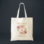 Tote Bag Le rose floral rougissent demoiselle d'honneur de<br><div class="desc">Le rose d'aquarelle rougissent sac fourre-tout floral à demoiselle d'honneur de monogramme d'or</div>