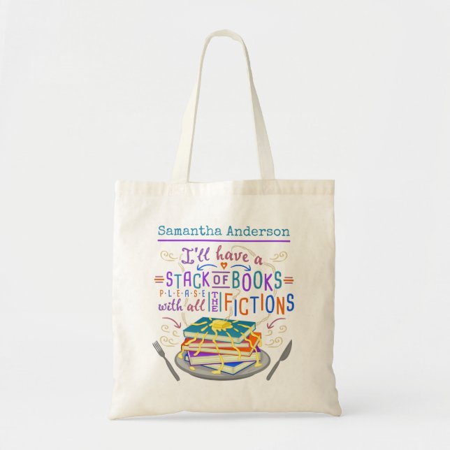 Tote Bag Lecteurs Humour pile de livres avec fiction mignon (Devant)