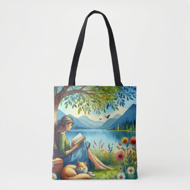 Tote Bag Lecture d'un livre sous un arbre avec un chat endo (Devant)
