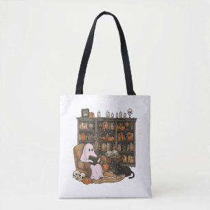 Tote Bag Lecture fantôme Livre amateur de chats Halloween
