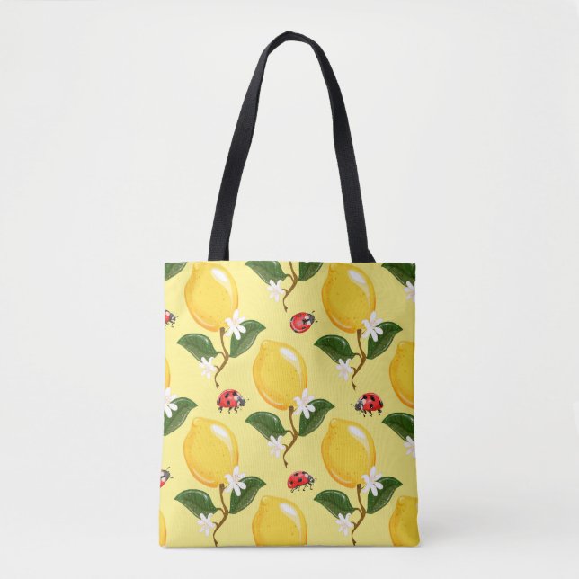 Tote Bag Lemon Ladybug : Motif jaune tropical. (Devant)
