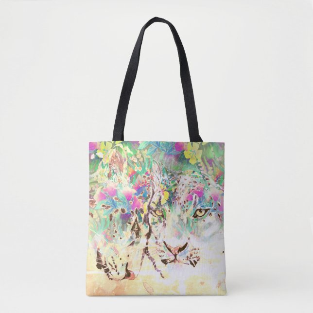 Tote Bag Léopard des neiges fleurs tropicales animal hawaïe (Devant)