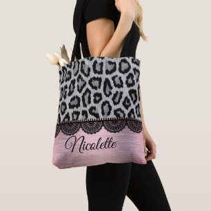 Tote Bag Leopard fantaisie et dentelle avec rose