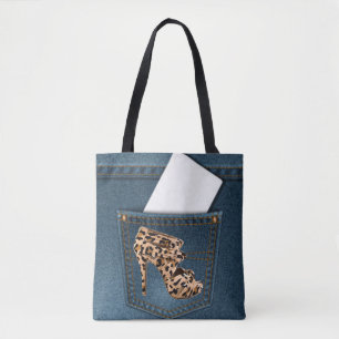 Tote Bag Leopard High Heel & Blue Jean Motif Pocket Jean.