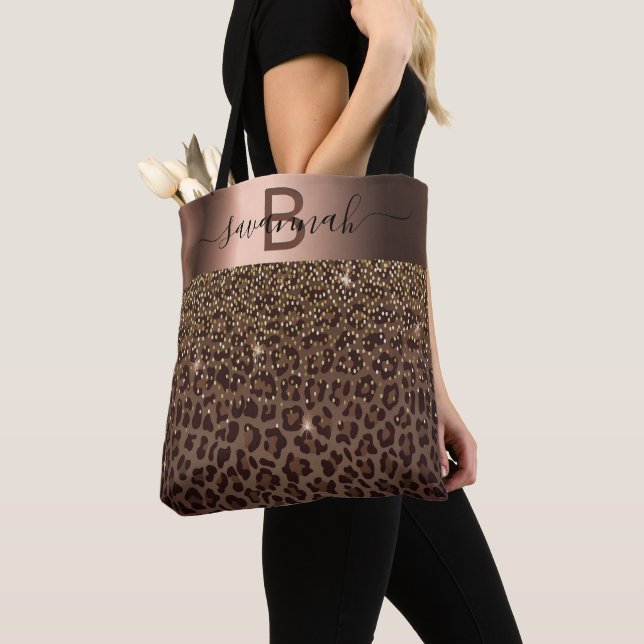 Tote Bag Leopard motif brun noir bronze nom métallique (De près)