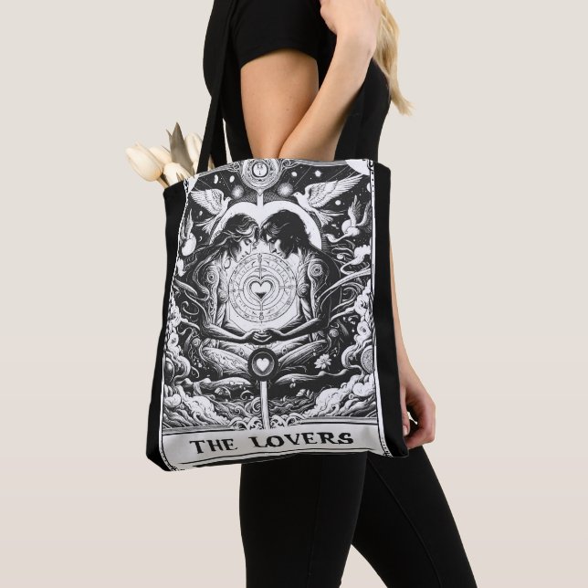 Tote Bag LES AMOUREUX Tarot Couple Céleste Noir & Blanc (De près)
