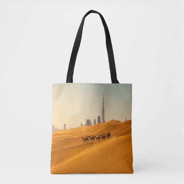 Tote Bag Les déserts | Vue Skyline de Dubaï avec chameaux (Devant)