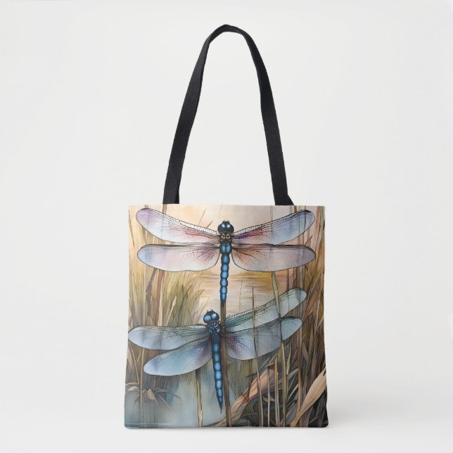 Tote Bag Les libellules parmi les cattails et les roseaux (Devant)