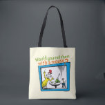 Tote Bag Les mangeriez-vous avec une souris?<br><div class="desc">Ce design sous licence officielle présente un moment inoubliable directement issu des pages du livre adoré de Dr. Seuss, Les Œufs verts au jambon. L'illustration montre Sam-I-Am, toujours persistant, faisant un geste vers son fameux plat sur une table, tandis qu'une petite souris attend patiemment à proximité sur un minuscule tabouret....</div>