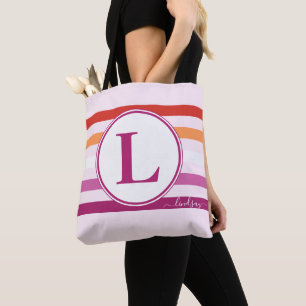 Tote Bag Lesbienne (5 rayures) Monogramme de rayures rose L