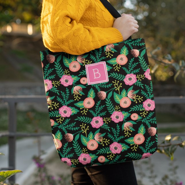 Tote Bag L'été s'épanouit | Monogramme floral rose (Créateur téléchargé)