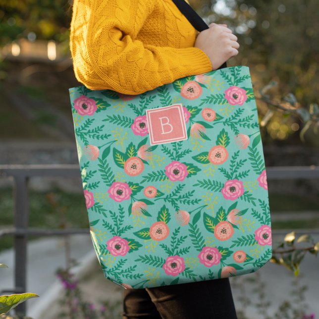 Tote Bag L'été s'épanouit | Monogramme floral tropical (Créateur téléchargé)