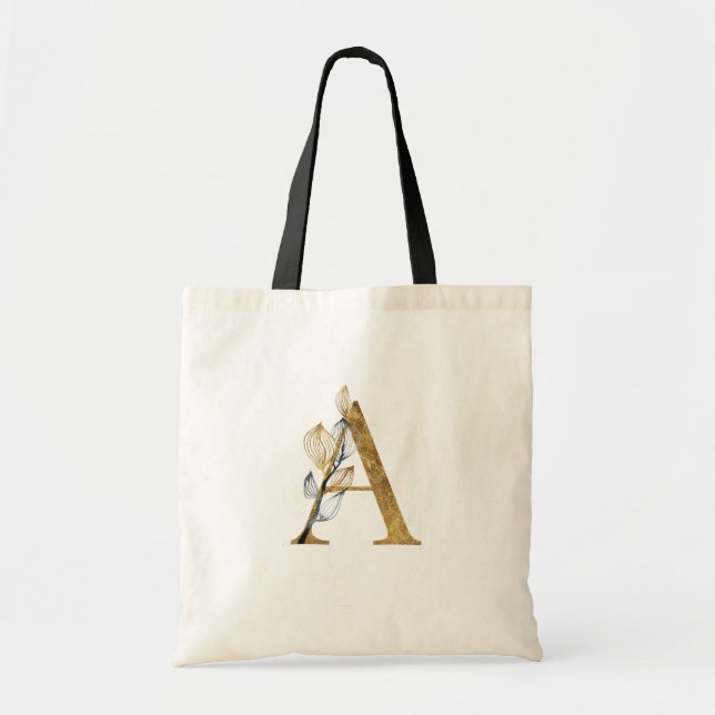 Tote Bag *~* Letter A Gold Monogram Initial Black Leaves (Devant)