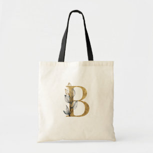 Tote Bag *~* Letter B Gold Monogram Initial Black Leaves