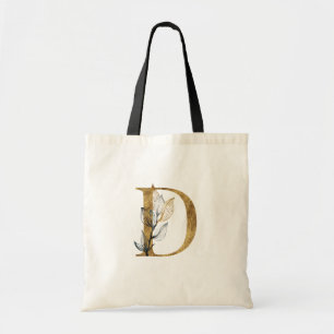 Tote Bag *~* Letter D Gold Monogram Initial Black Leaves