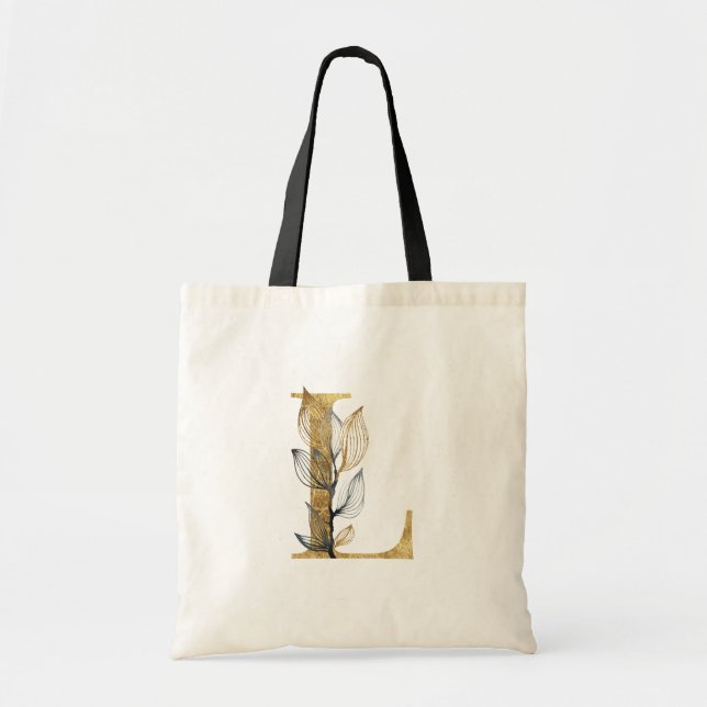 Tote Bag *~* Letter L Gold Monogram Initial Black Leaves (Devant)