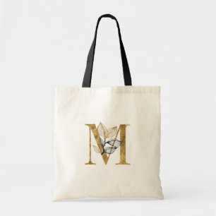 Tote Bag *~* Letter M Gold Monogram Initial Black Leaves