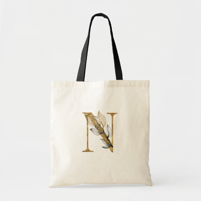 Tote Bag *~* Letter N Gold Monogram Initial Black Leaves (Devant)
